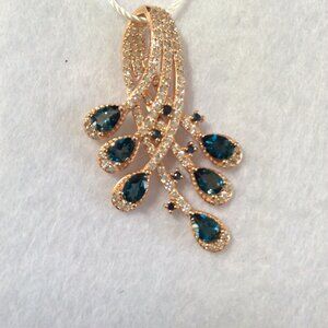 NWT 14K ROSE GOLD LARGE GENUINE London Blue Topaz & CZ LARGE Pendant MSRP $750